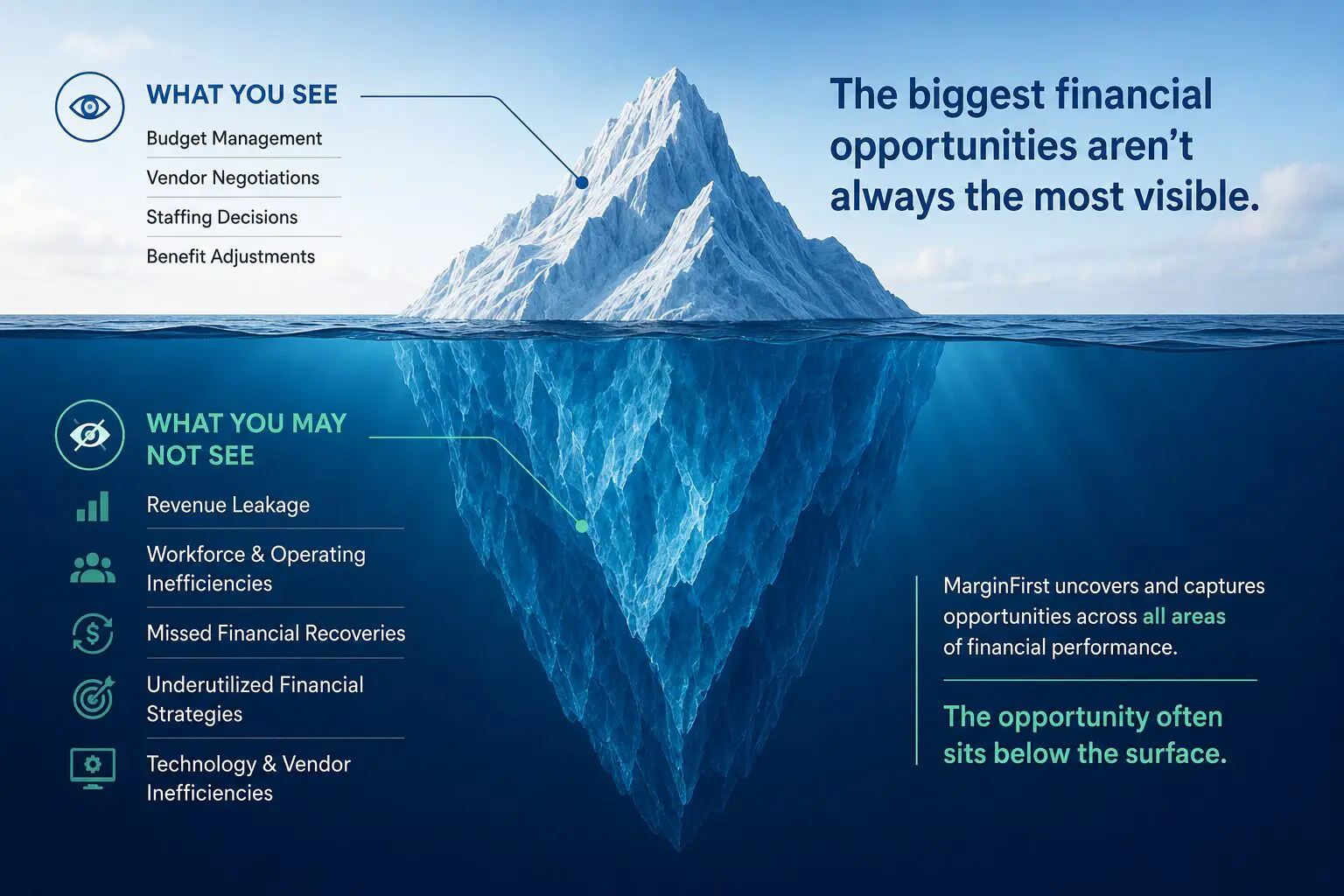 Iceberg illustrating visible business costs and overlooked financial opportunities below the surface.